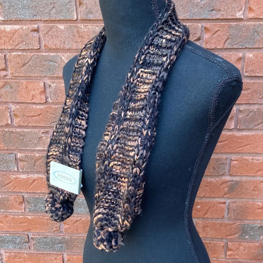 NWT Fossil Black Brown Knit Scarf with Pom-Poms
